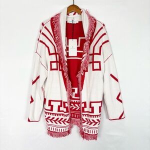 NEW ESSITAM Reversible Fringe Cardigan Red White Size L Cotton Cashmere